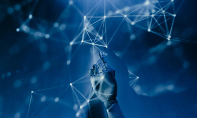 A robotic hand reaches toward a glowing web of interconnected nodes, symbolizing AI-driven personalization. This represents AI’s role in analyzing data to create tailored user experiences.